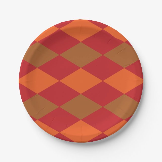 Orange Green Chequered Diamond Pattern Party Paper Plate (Front)