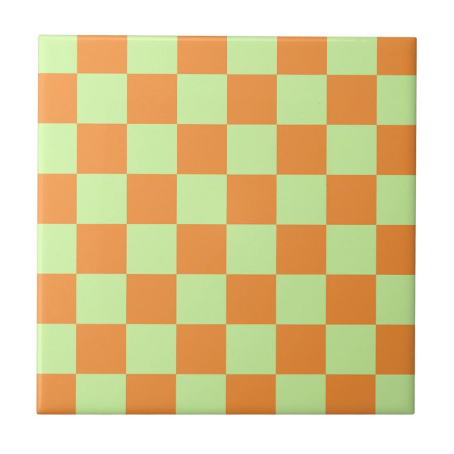 Orange Green Citrus Chequered Gingham Pattern Ceramic Tile (Front)