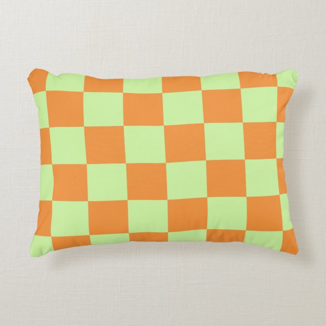 Orange Green Citrus Chequered Gingham Pattern Decorative Cushion (Front)