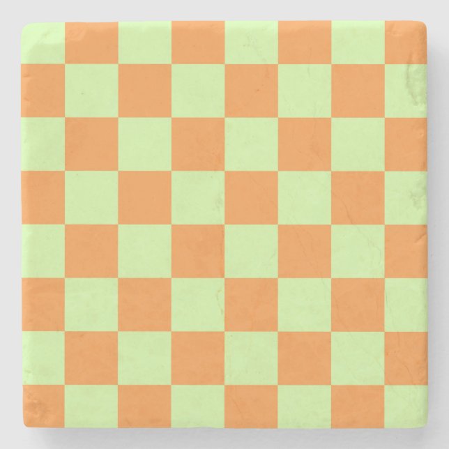 Orange Green Citrus Chequered Gingham Pattern Stone Coaster (Front)