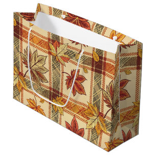 ORANGE & GREEN FALL PLAID PATTERN WITH LEAVES LARGE GIFT BAG