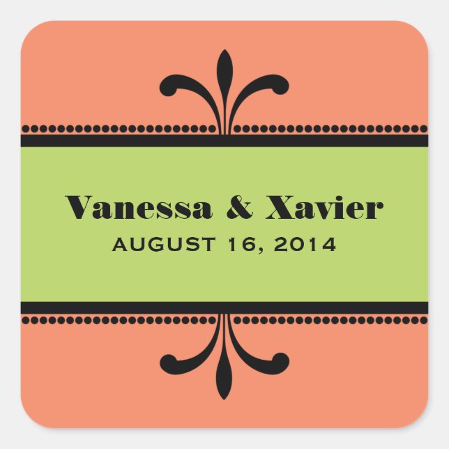 Orange/Green Fancy Art Deco Wedding Stickers (Front)