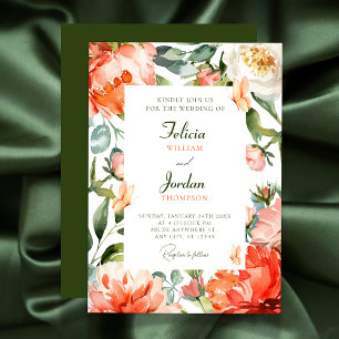Orange green floral bloom wedding invitation