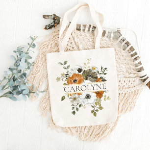 Orange, Green Floral Bridesmaid Monogram Name Tote Bag