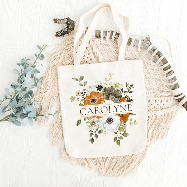 Orange, Green Floral Bridesmaid Monogram Name Tote Bag (Creator Uploaded)