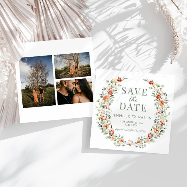 Orange Green Floral Save the Date Photo Invitation (Creator Uploaded)