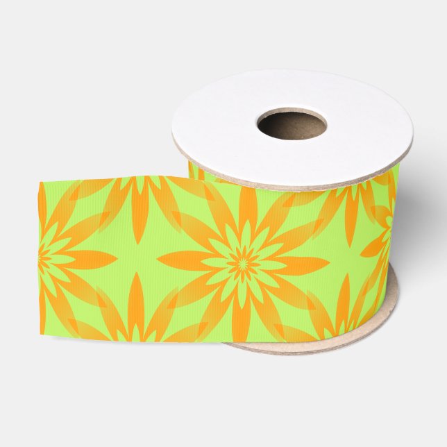 Orange Green Flower Seamless Pattern Grosgrain Ribbon (Spool)