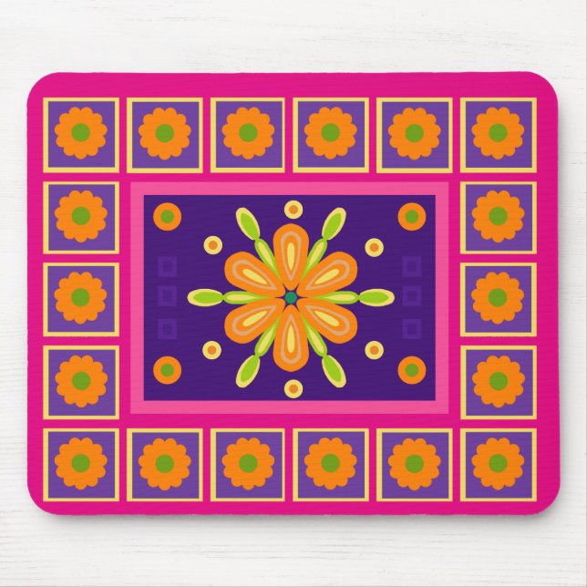 Orange Green Frame Flower Design Pink Background Mouse Pad (Front)