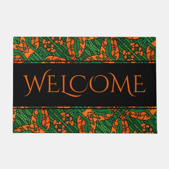 Orange Green Gecko Lizard Pattern Welcome Large Doormat (Front)