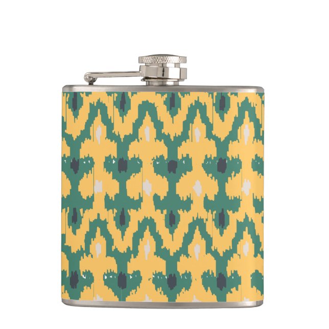 Orange Green Geometric Ikat Decorative Pattern Hip Flask (Front)