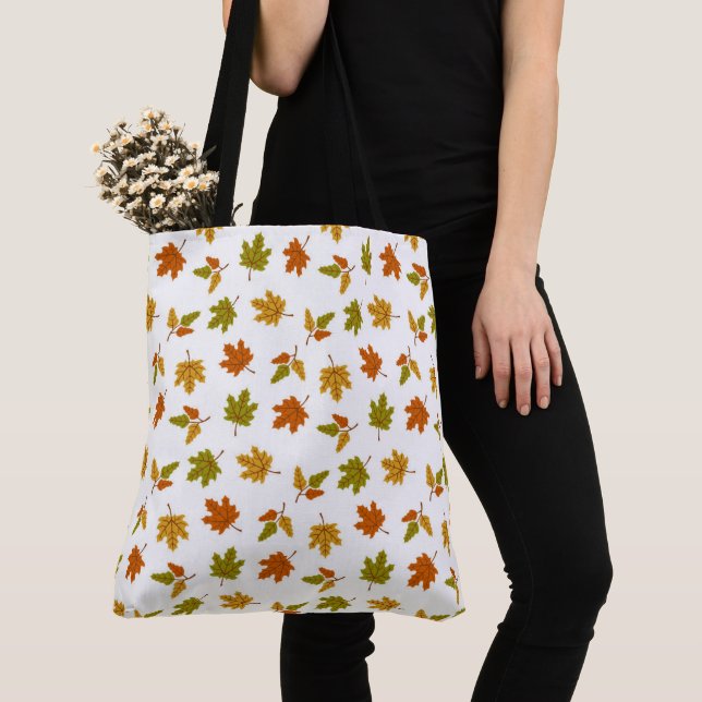 ORANGE GREEN GOLD AUTUMN LEAVES TOTE BAG (Close Up)