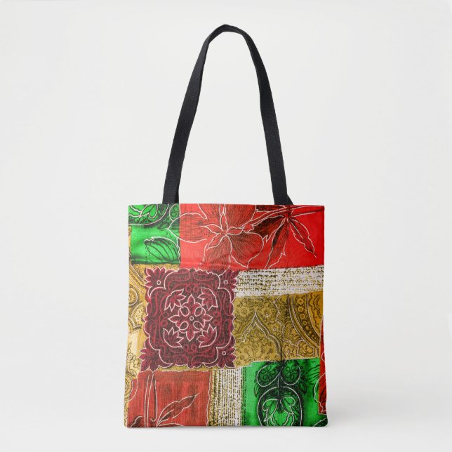 Orange Green Gold Patchwork Vintage Fabric Texture Tote Bag (Front)