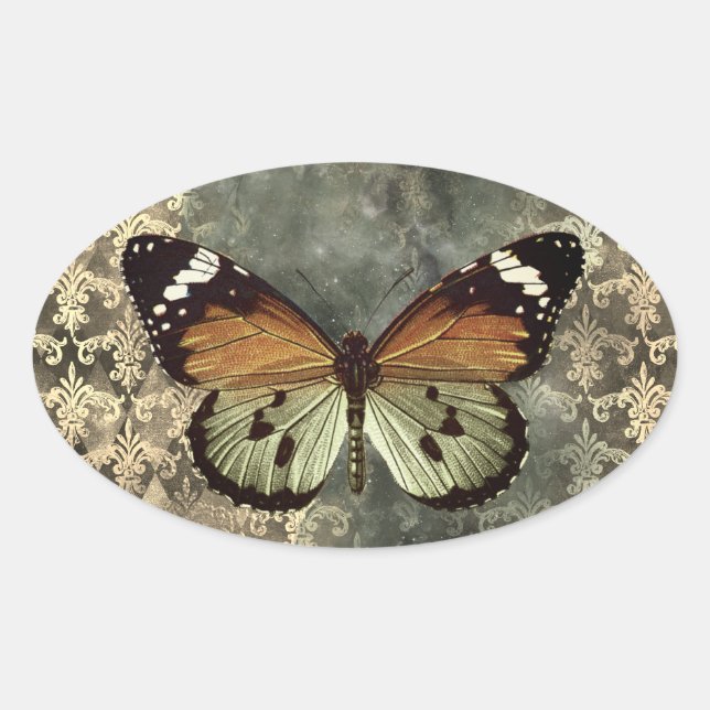 Orange & Green Gothic Butterfly Oval Sticker (Front)