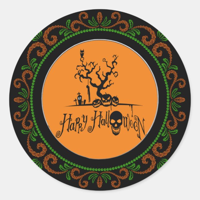 Orange Green Happy Halloween Grave Yard Classic Round Sticker (Front)