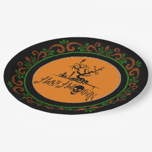 Orange Green Happy Halloween Grave Yard Paper Plate