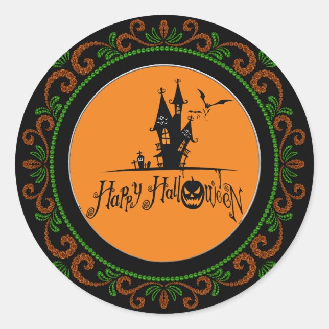 Orange Green Happy Halloween Haunted House Classic Round Sticker (Front)