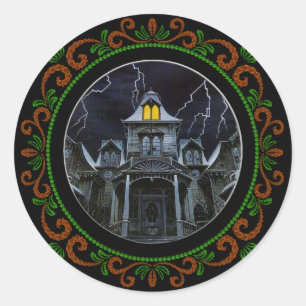 Orange Green Haunted House Halloween Classic Round Sticker