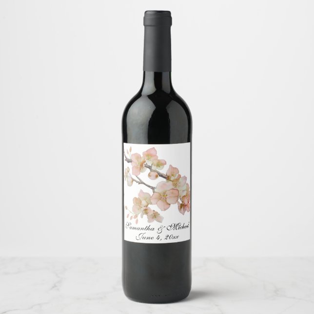 Orange green ivory floral blossoms elegant script wine label (Front)