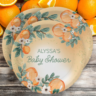 Orange Green Leaves Citrus Baby Shower Paper Plate