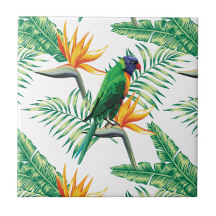 Orange Green Parrot And Flowers Tile