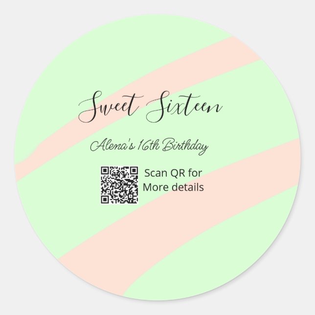 Orange green pastel  QR  Sweet sixteen birthday  Classic Round Sticker (Front)