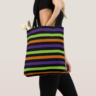 ORANGE GREEN PURPLE BLACK HALLOWEEN STRIPES TOTE BAG