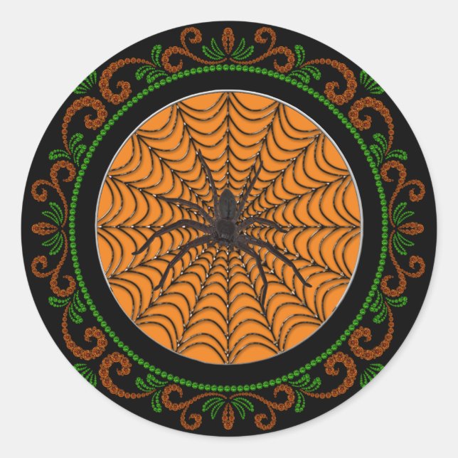 Orange Green Spider Web And Black Spider Halloween Classic Round Sticker (Front)