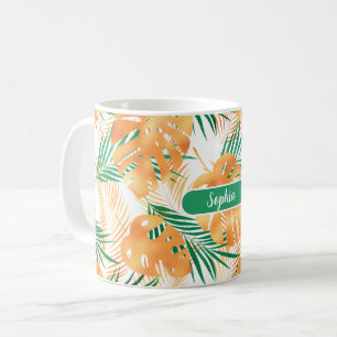 Orange & Green Tropical Leaves, White Name Coffee Mug
