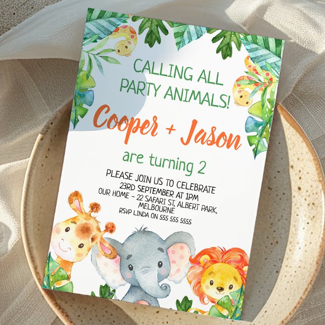 Orange Green Twins Party Animals Safari Birthday  Invitation (Twin Boys Safari Birthday Invitation, Jungle Animals Birthday Invite For Twin Boys Joint Birthday )