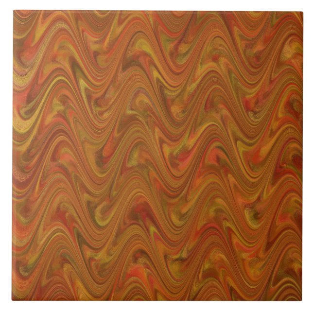 Orange Green Wavy Abstract Pattern Ceramic Tile (Front)
