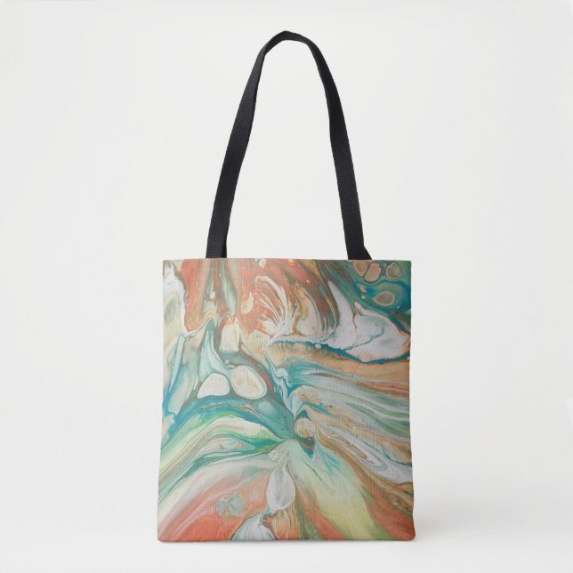 Orange green white cream abstract fluid art tote bag (Front)