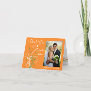 Orange Green White Floral Photo Thank You Card