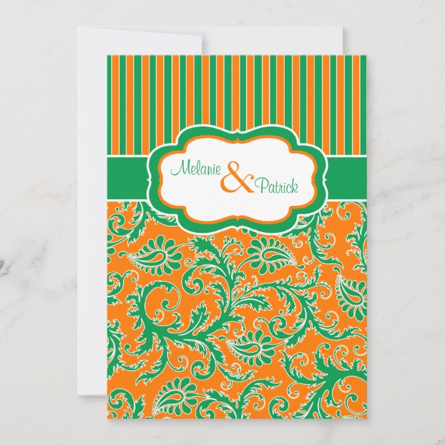 Orange, Green, White Floral Striped Wedding Invite (Front)