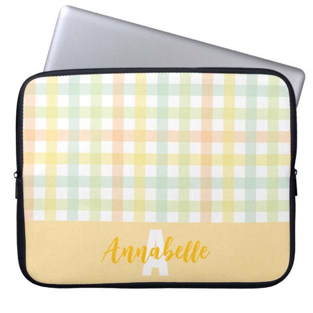 Orange Green Yellow Blue Pastel Gingham Monogram Laptop Sleeve (Front)