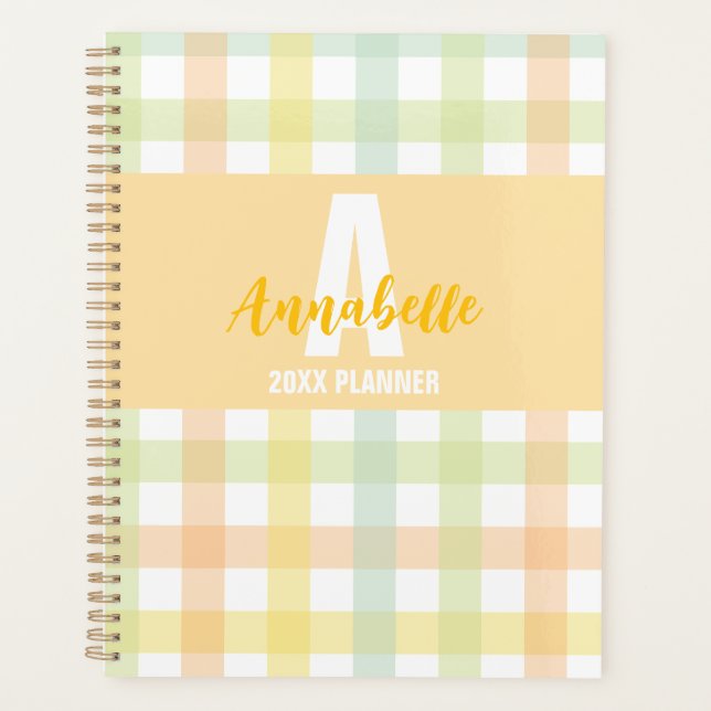 Orange Green Yellow Blue Pastel Monogram Gingham Planner (Front)