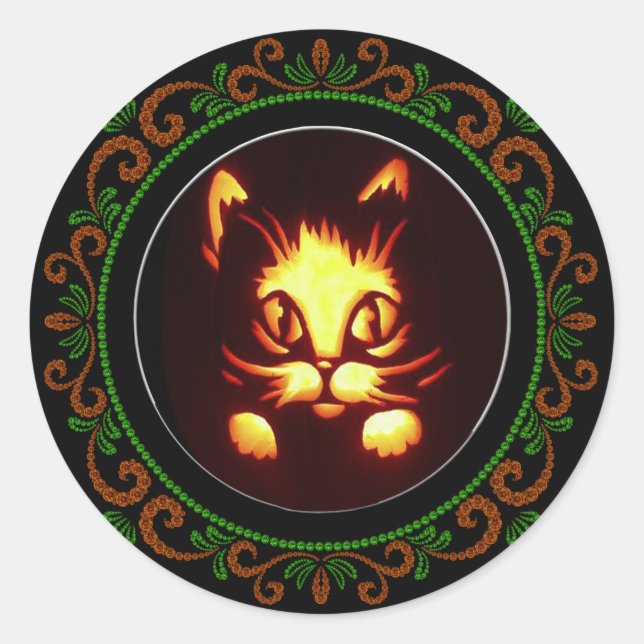Orange Green Yellow Glowing Halloween Cat Classic Round Sticker (Front)