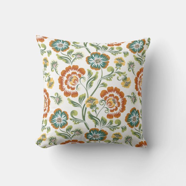 Orange Green Yellow White Floral Baroque Pattern Cushion (Front)