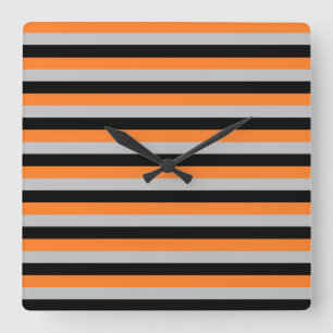 Orange, Grey and Black Stripes Square Wall Clock