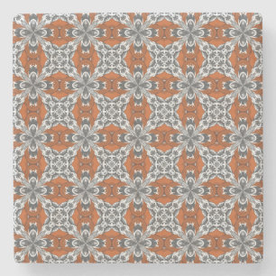 Orange Grey and White Repeat Tile Pattern Stone Coaster