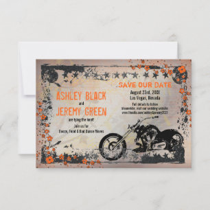 Orange Grey Biker Motorcycle Wedding Save the Date