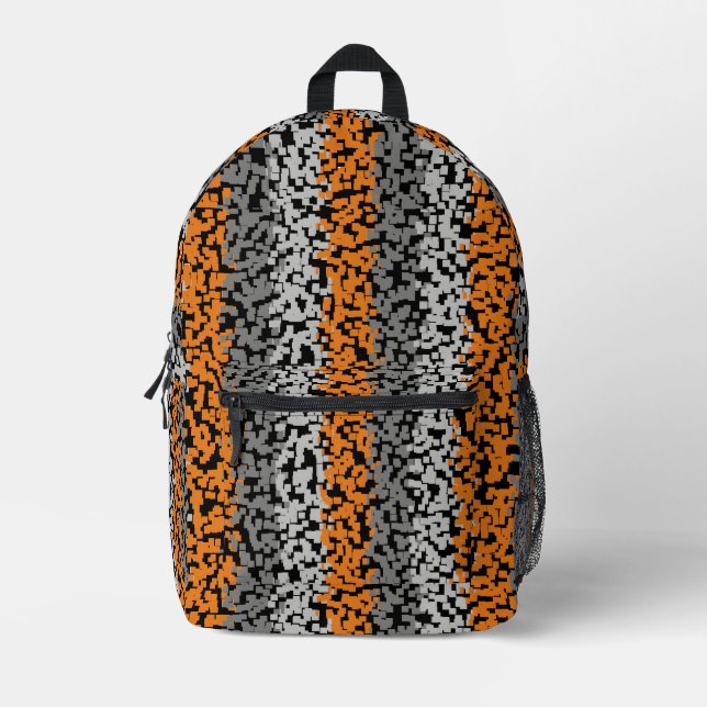 Orange grey black digital pixelated stripes printed backpack (Front)