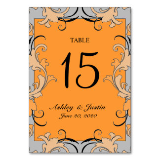 Orange Grey Black Swirls Wedding Table Number Card
