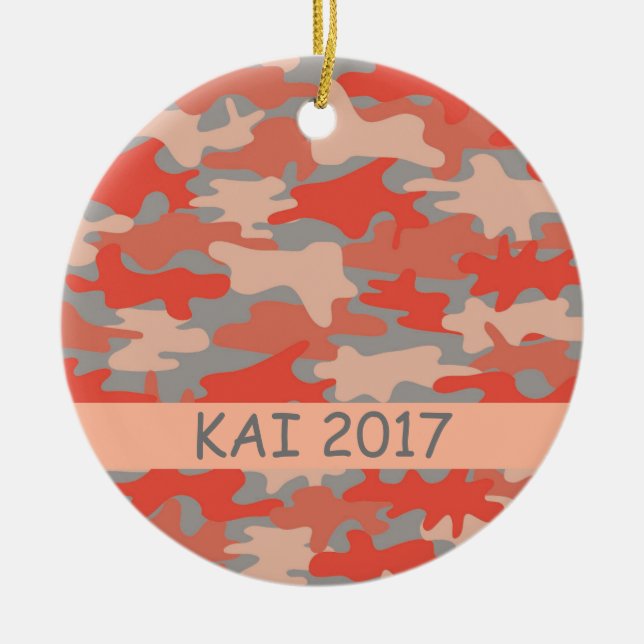 Orange Grey Camo Camouflage Name Personalised Ceramic Tree Decoration (Front)