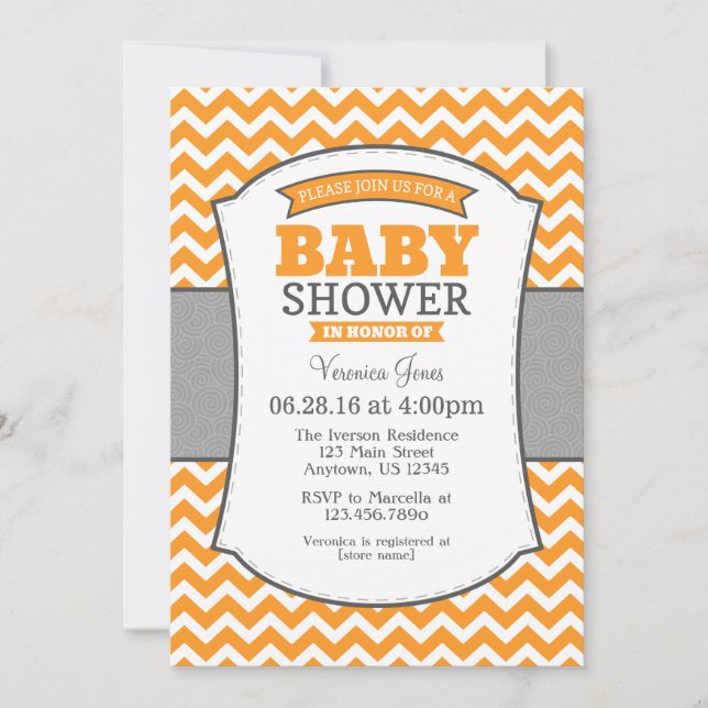 Orange Grey Chevron Baby Shower Invitation (Front)