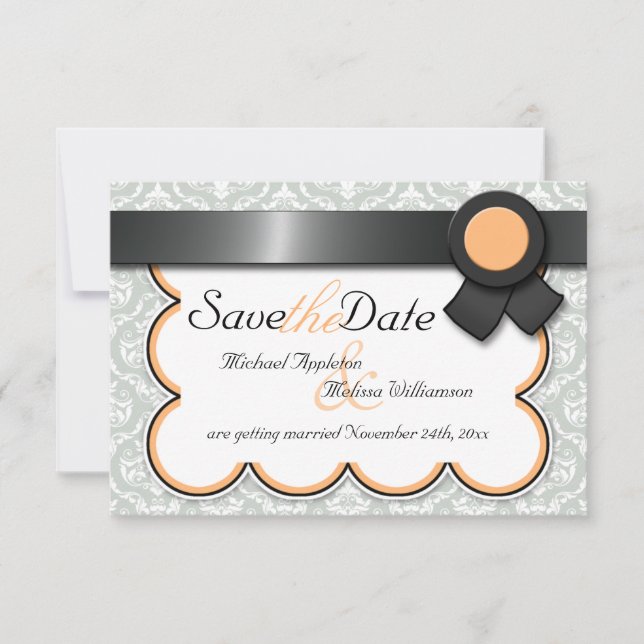 Orange & Grey Damask Save the Date Announcements (Front)