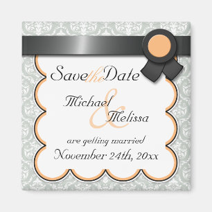 Orange & Grey Damask Save the Date Magnet