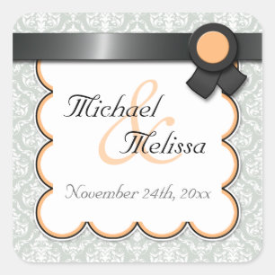Orange & Grey Damask Wedding Favour Stickers