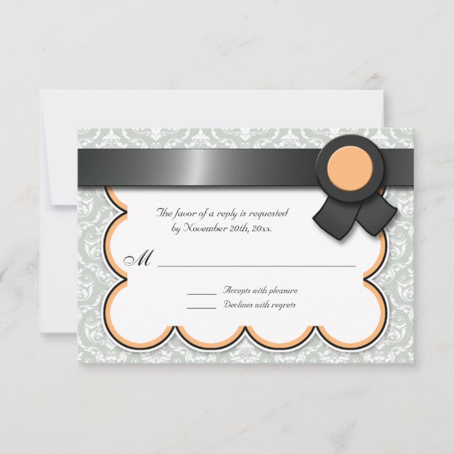 Orange & Grey Damask Wedding Reply / RSVP Cards (Front)