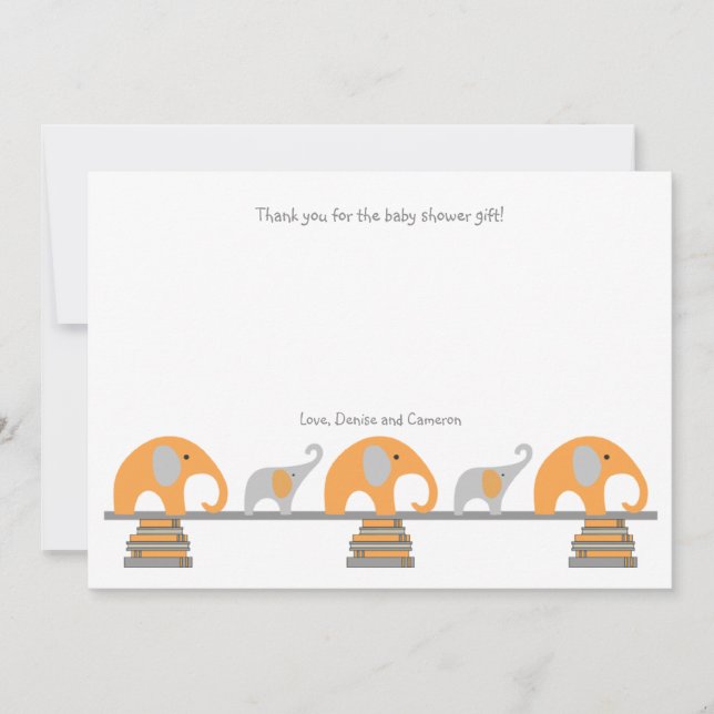 Orange Grey elephants book baby shower thank you Card (Front)