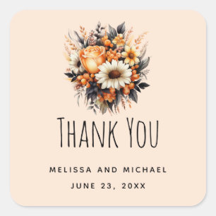 Orange Grey Floral Bouquet Wedding Thank You Square Sticker